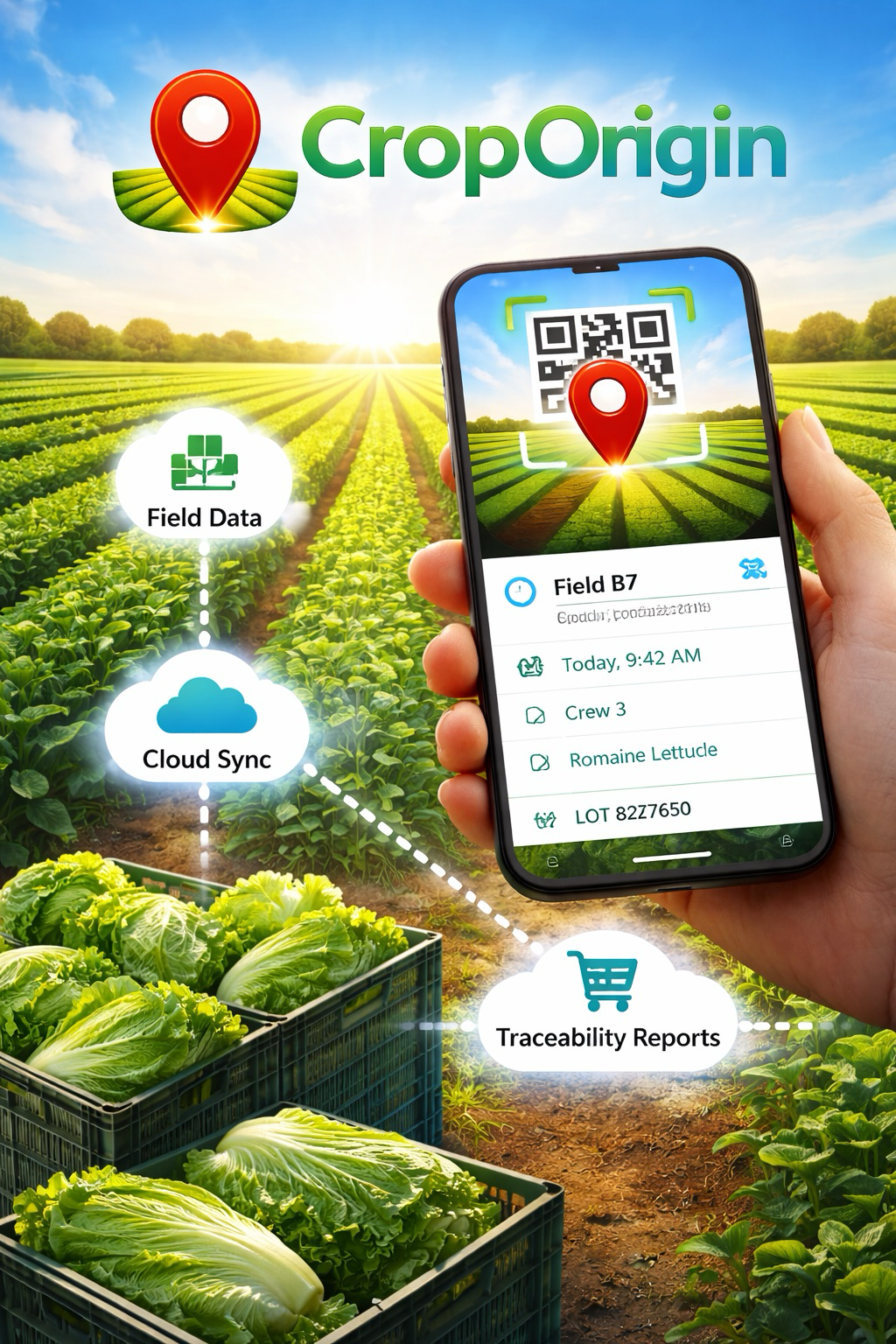 CropOrigin mobile app showing field-level traceability scan workflow